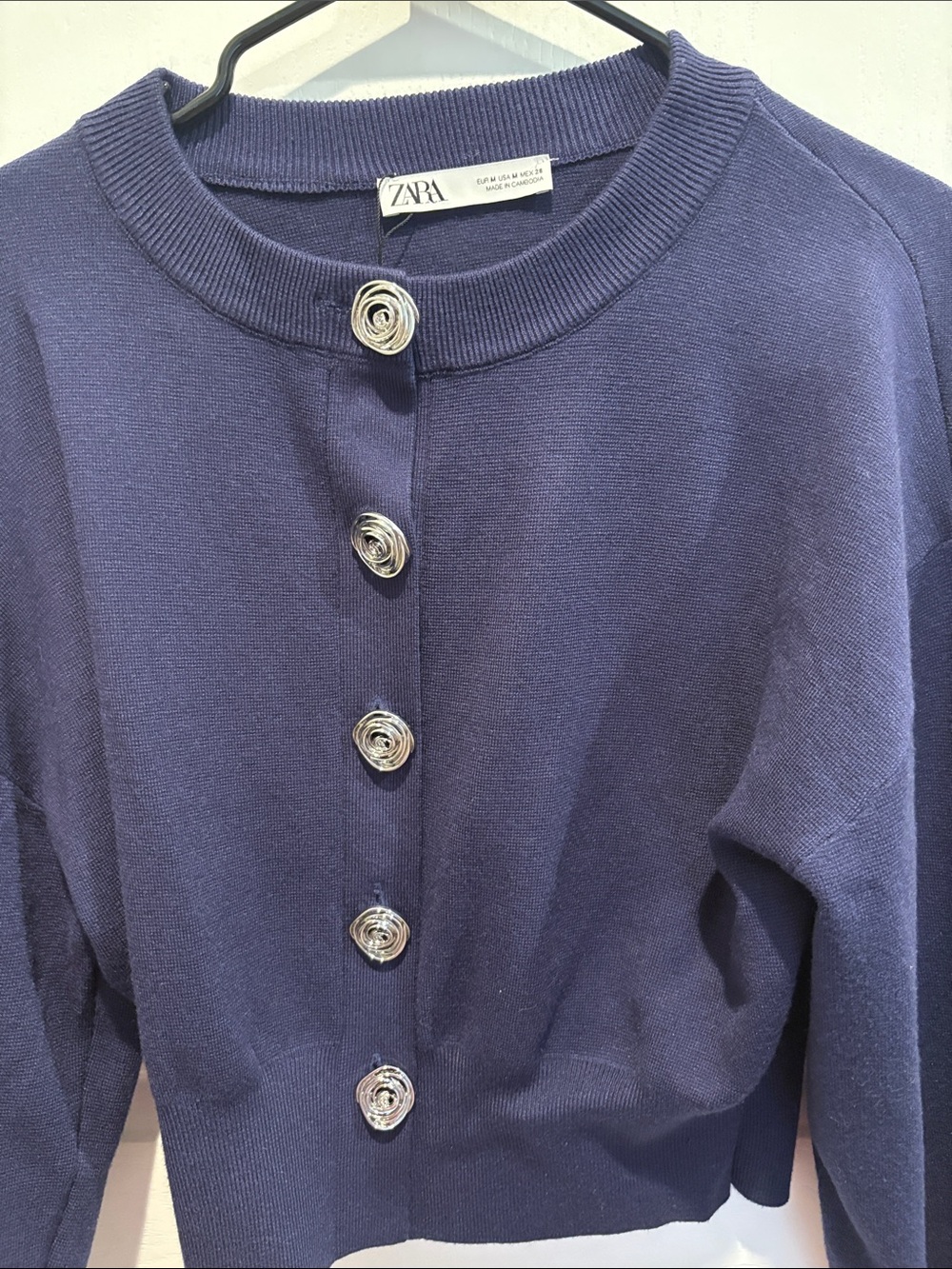 Zara Dark Blue Button-Front Knit Cardigan with Silver Buttons